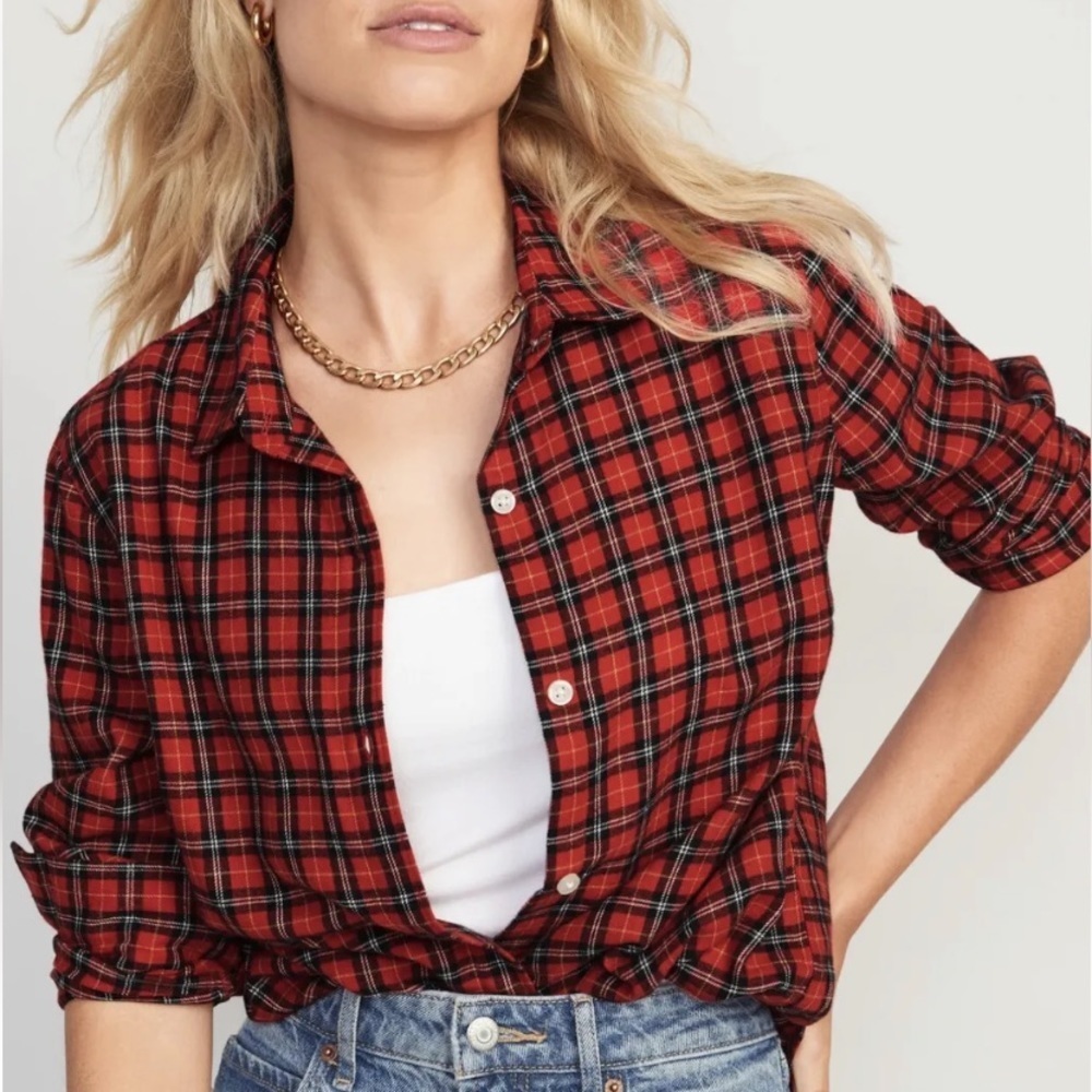 RED Plaid Shirt. Old Navy Classic. Flannel. New! Large. Shirttail hem. - Picture 1 of 7
